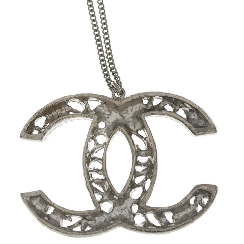 Chanel Camellia CC Logo Necklace Pendant Chain Silver