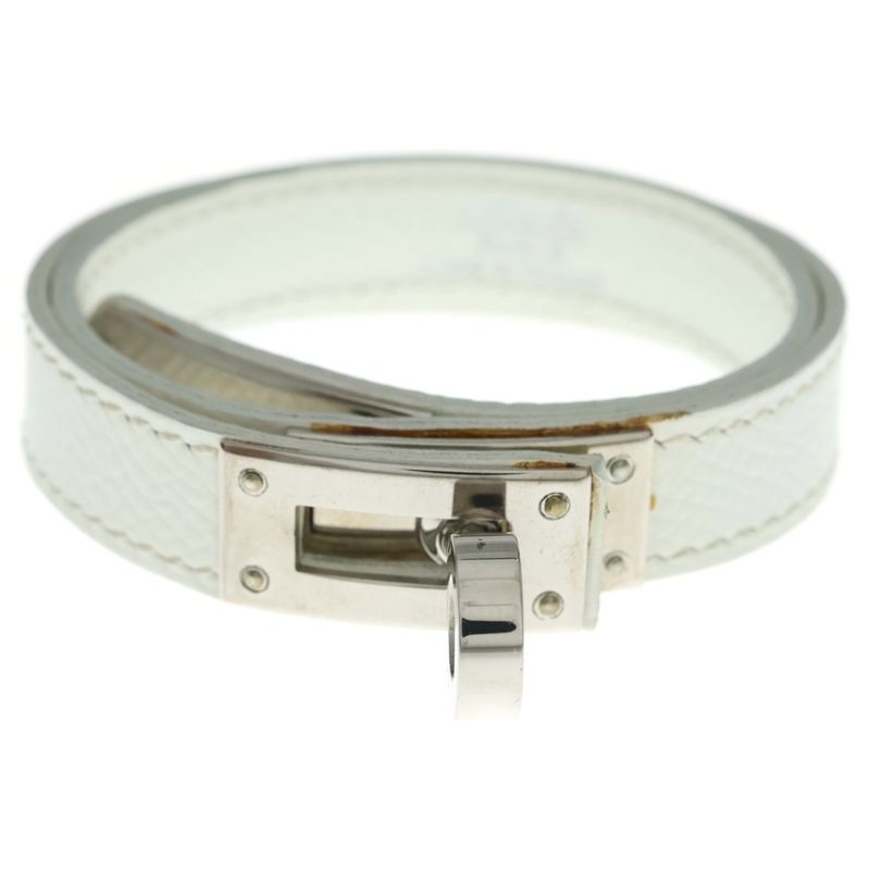 Hermes Kelly Double Tour Bracelet White Leather Silver