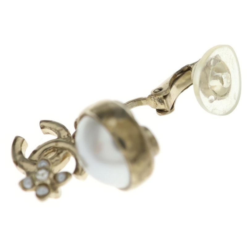 Chanel CC Logo Pearl Flower Motif Earrings White Gold