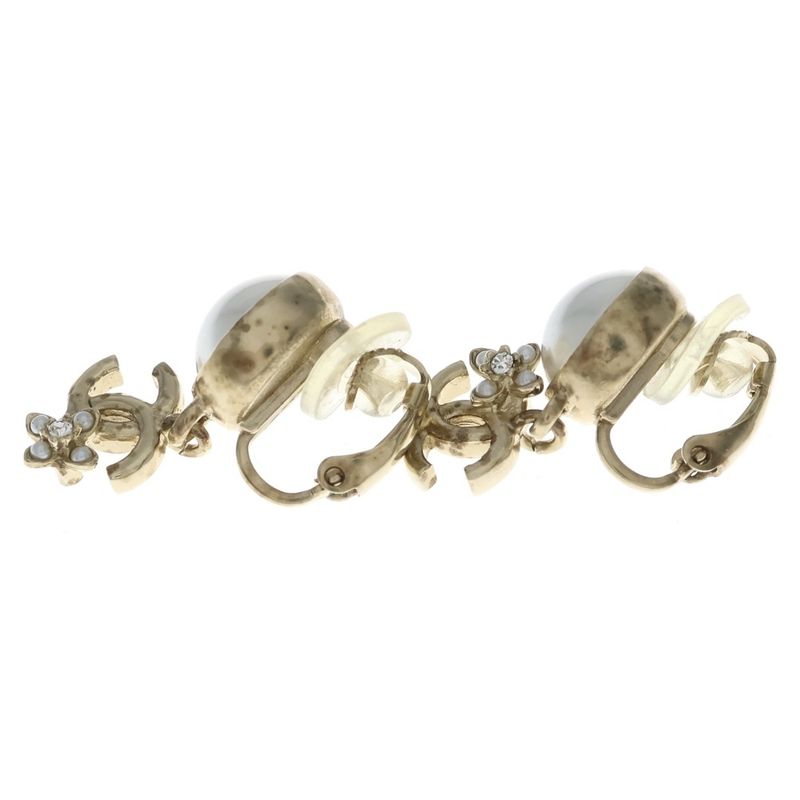 Chanel CC Logo Pearl Flower Motif Earrings White Gold