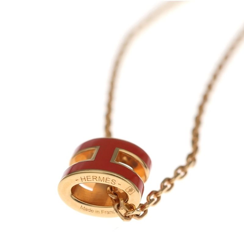 Hermes Pop Necklace Pendant Chain Pink Gold Light Red
