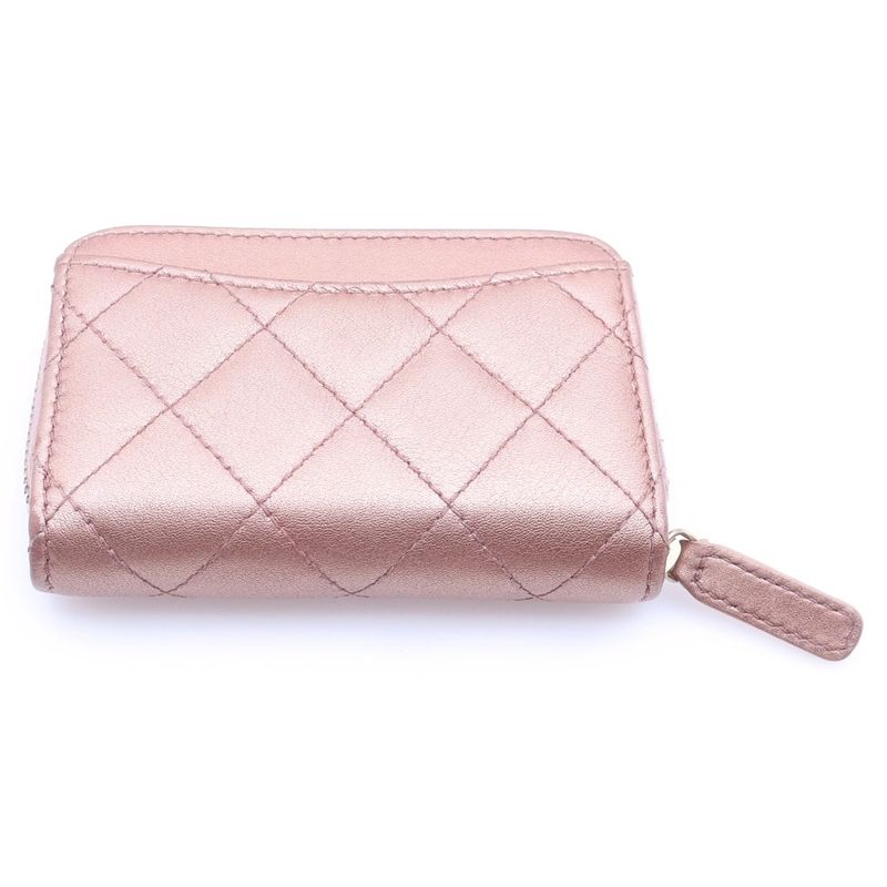 Chanel CC Logo Quilted Coin Case Mini Wallet Metallic Pink Leather Gold