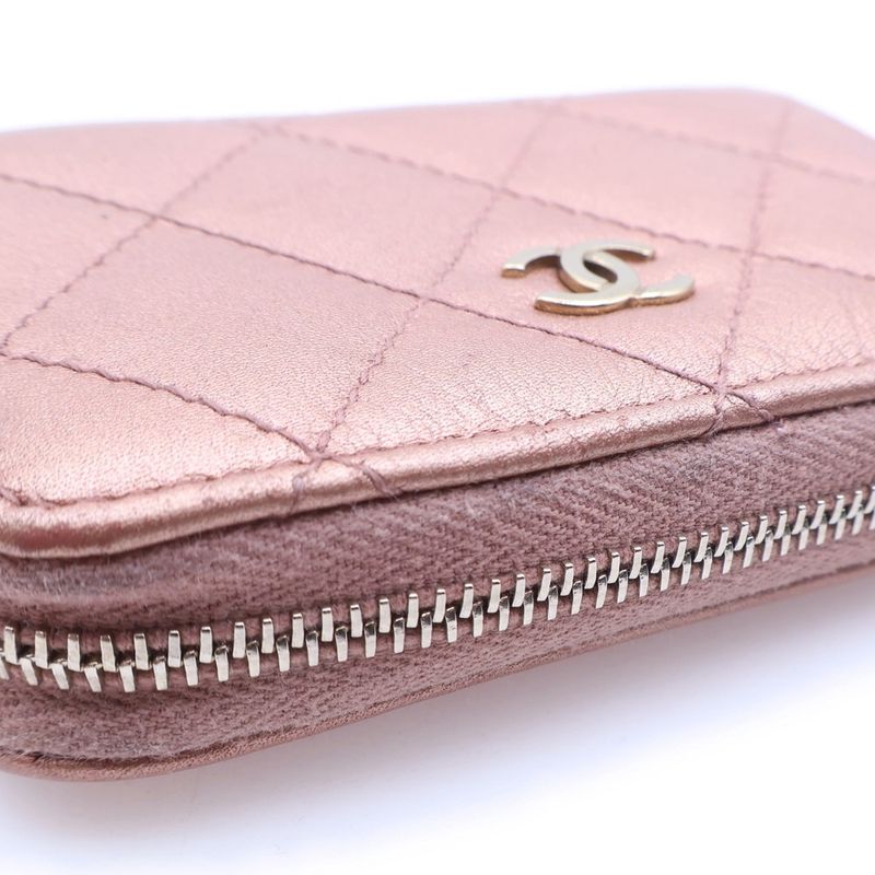 Chanel CC Logo Quilted Coin Case Mini Wallet Metallic Pink Leather Gold