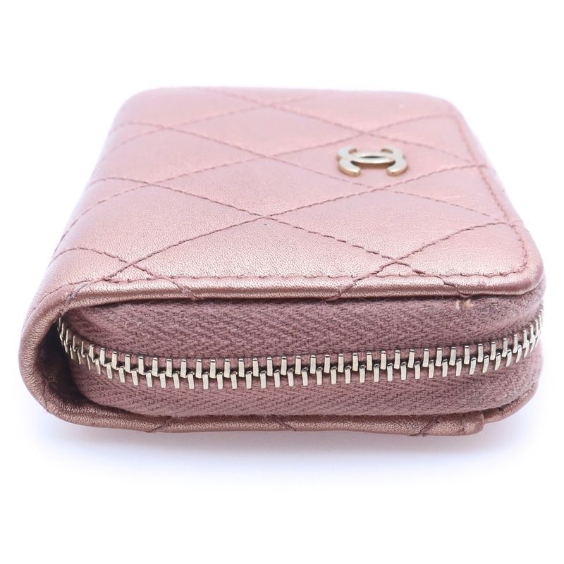 Chanel CC Logo Quilted Coin Case Mini Wallet Metallic Pink Leather Gold