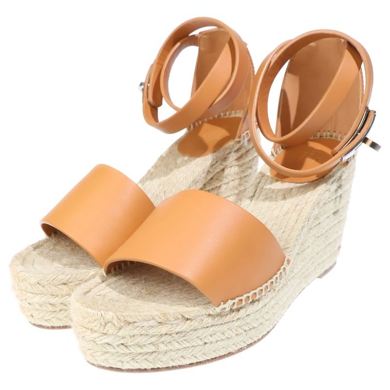 Hermes Tipoli Espadrilles Kelly Buckle Ankle Strap Leather Platform Sandals Brown Beige