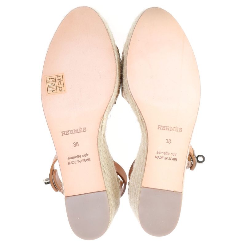 Hermes Tipoli Espadrilles Kelly Buckle Ankle Strap Leather Platform Sandals Brown Beige