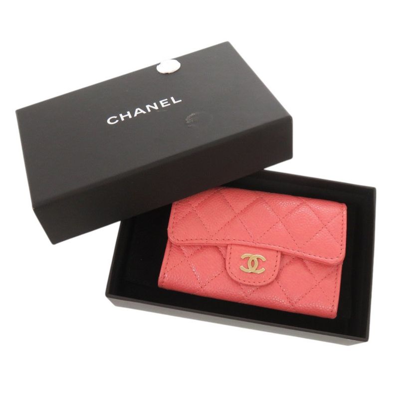 Chanel Quilted CC Logo Caviar Leather Gold Pink Card Case