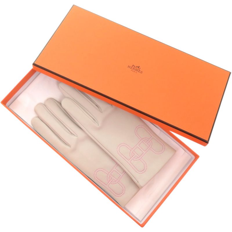 Hermes Gloves Chaine D'ancre Lambskin Silk Pearl Gray Graypink