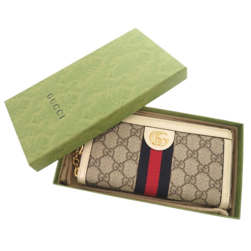Gucci Ophidia GG Zip Around Wallet Supreme Leather Beige White Round