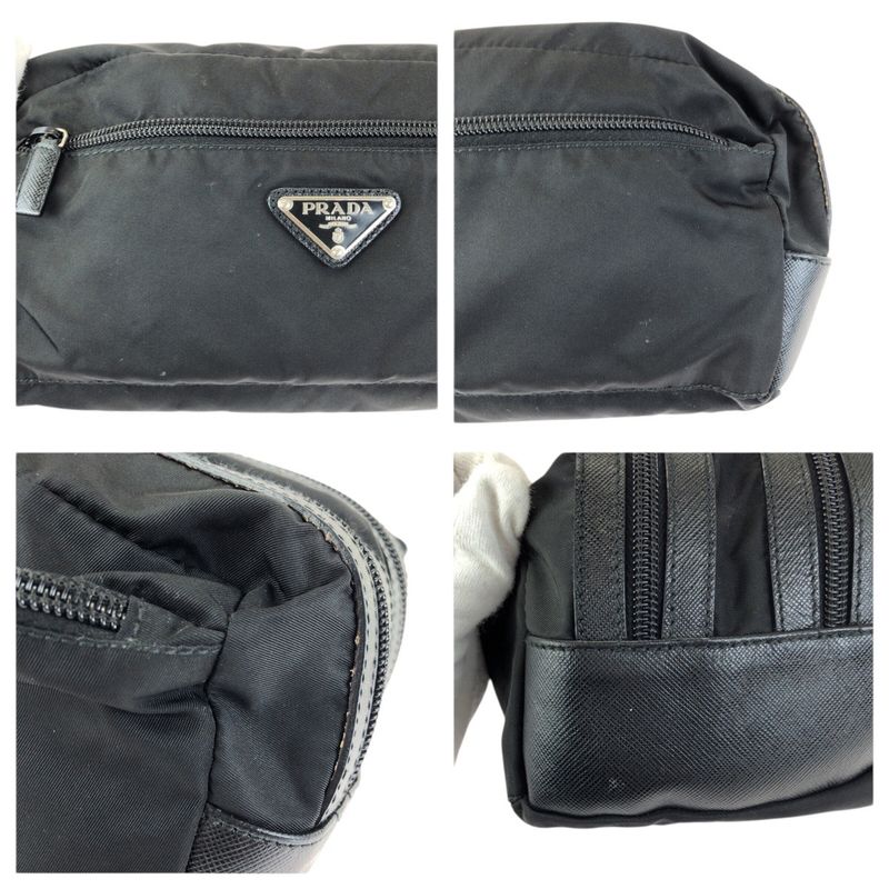 Prada Tessuto Saffiano Black Silver Nylon Leather Clutch
