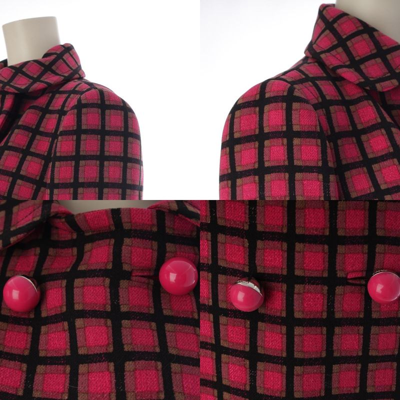 Prada Wool Logo Ball Button Plaid Coat Pink 44