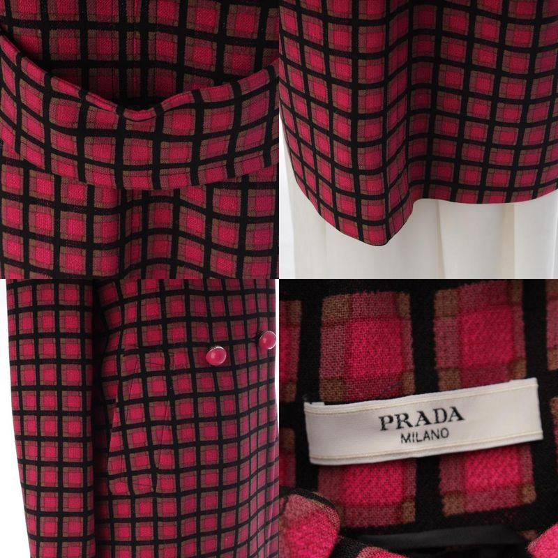 Prada Wool Logo Ball Button Plaid Coat Pink 44