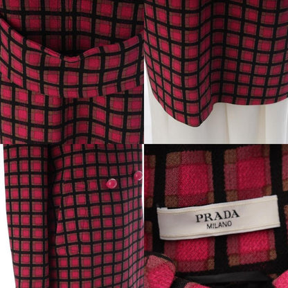 Prada Wool Logo Ball Button Plaid Coat Pink 44
