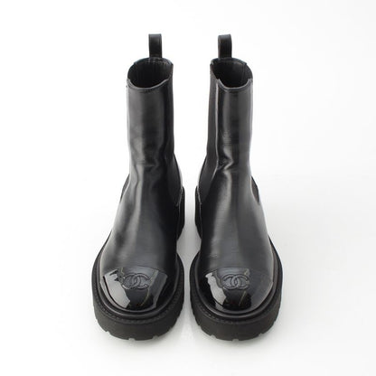 Chanel Leather Patent Side Gore Short Boots Chelsea CC Logo Black 37