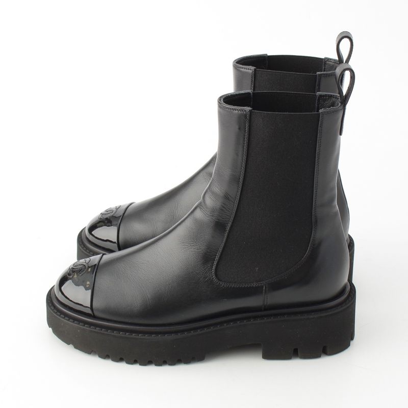 Chanel Leather Patent Side Gore Short Boots Chelsea CC Logo Black 37