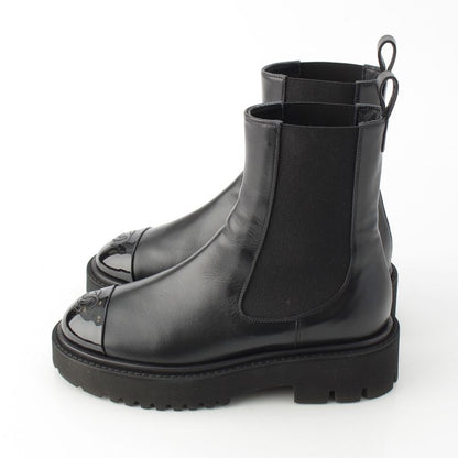 Chanel Leather Patent Side Gore Short Boots Chelsea CC Logo Black 37