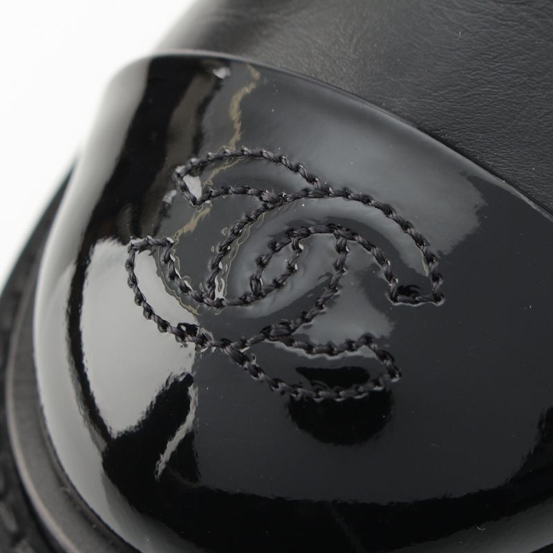 Chanel Leather Patent Side Gore Short Boots Chelsea CC Logo Black 37