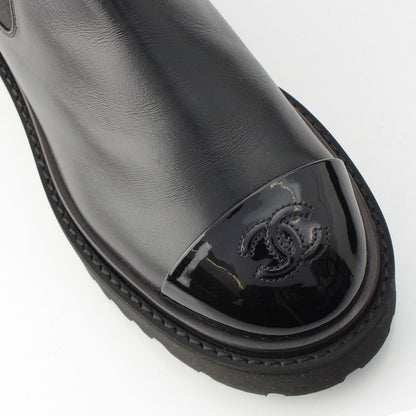 Chanel Leather Patent Side Gore Short Boots Chelsea CC Logo Black 37