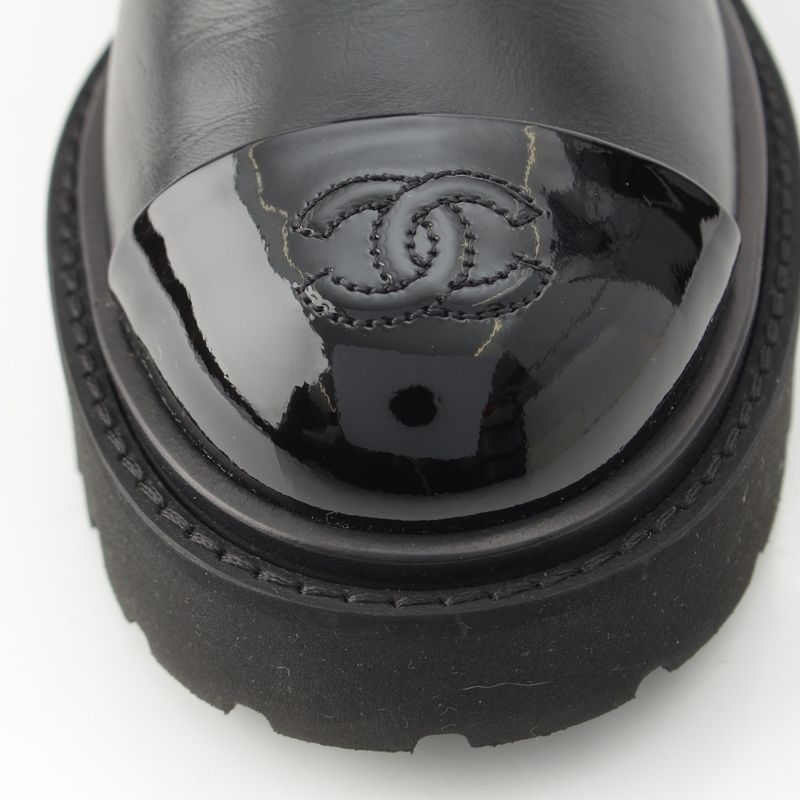Chanel Leather Patent Side Gore Short Boots Chelsea CC Logo Black 37