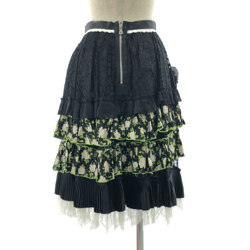 Dolce & Gabbana Silk Lace Contrast Flower Print Skirt 36 Black White