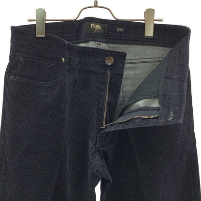 Fendi All Over Pattern Zucca Logo Leather Patch Velour Trousers Pants 36 Dark Navy