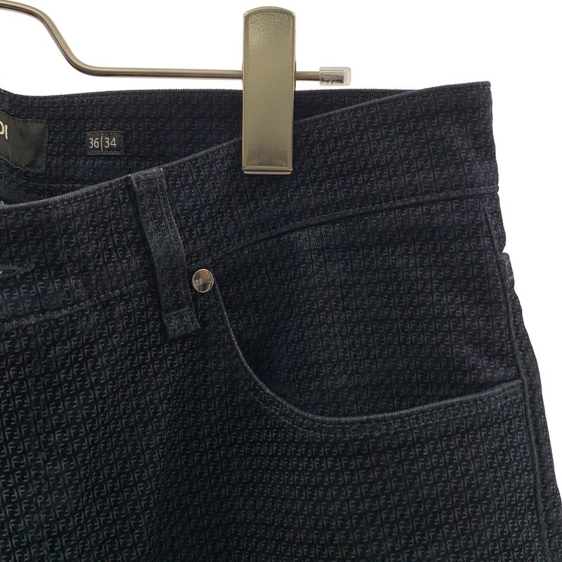 Fendi All Over Pattern Zucca Logo Leather Patch Velour Trousers Pants 36 Dark Navy
