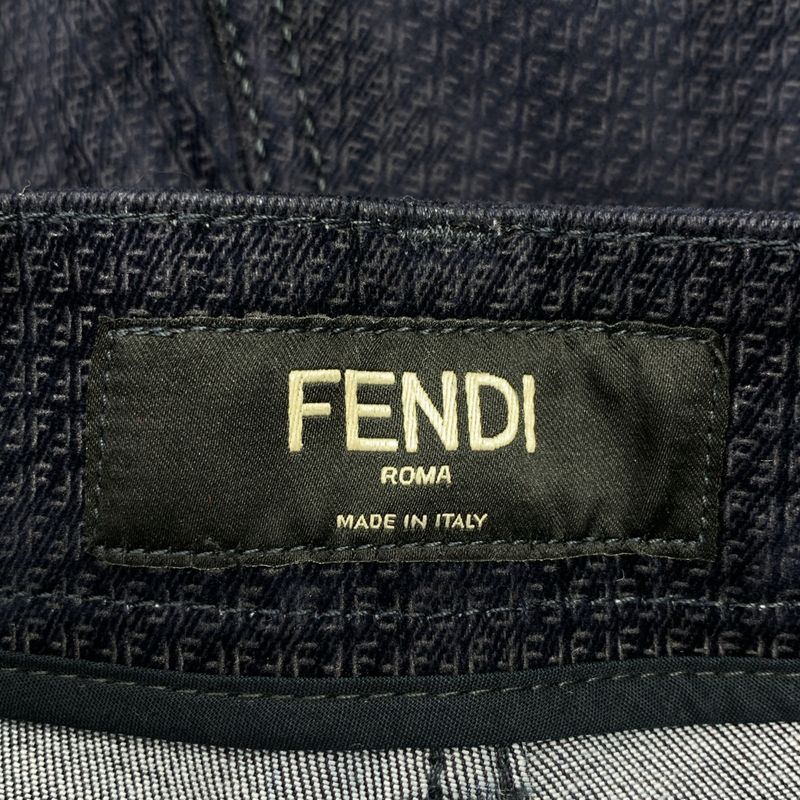Fendi All Over Pattern Zucca Logo Leather Patch Velour Trousers Pants 36 Dark Navy