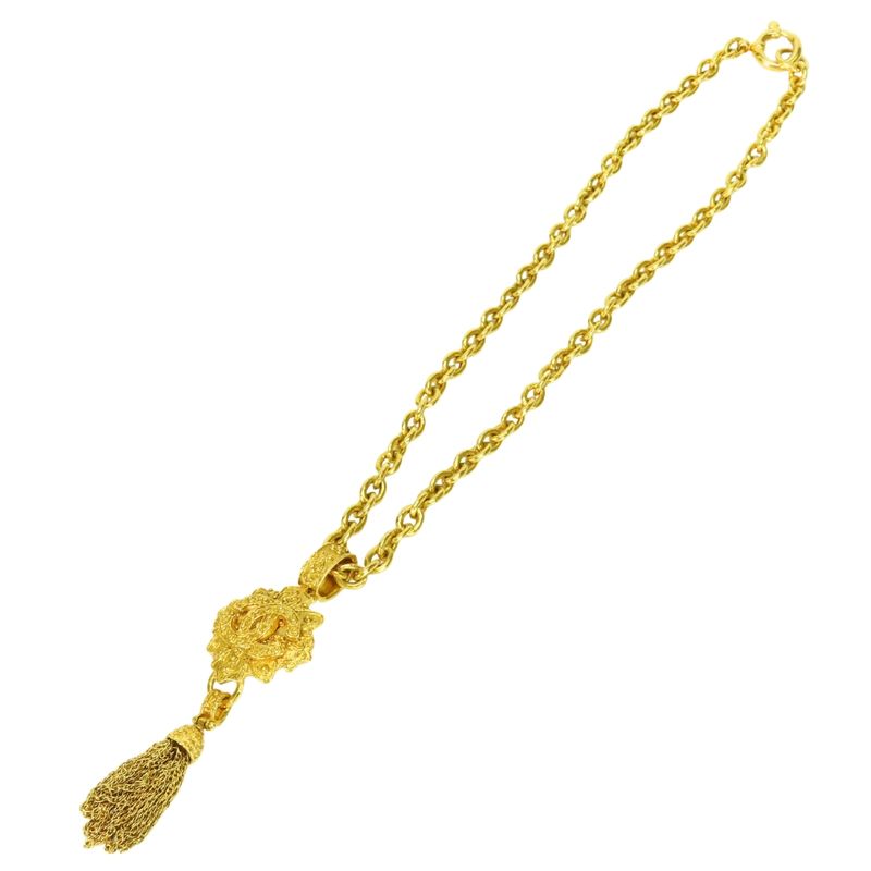 Chanel Necklace CC Logo Fringe Metal Gold Plated Long