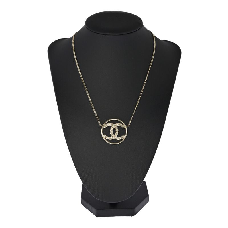 Chanel CC Logo Rhinestone Costume Necklace Pendant Alloy