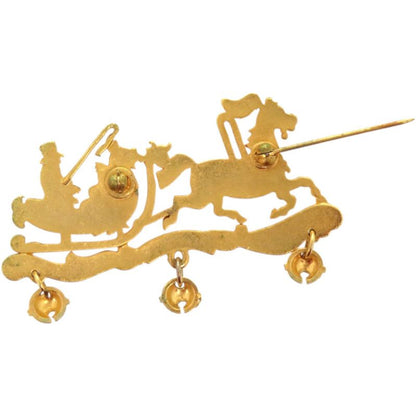 Hermes Christmas Reindeer Santa Cloisonne Metal Gold Brooch Red