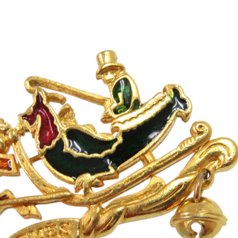 Hermes Christmas Reindeer Santa Cloisonne Metal Gold Brooch Red