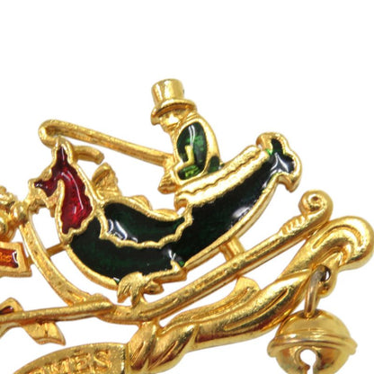Hermes Christmas Reindeer Santa Cloisonne Metal Gold Brooch Red