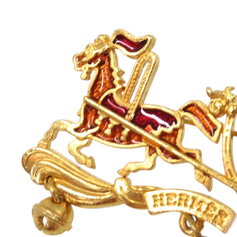 Hermes Christmas Reindeer Santa Cloisonne Metal Gold Brooch Red
