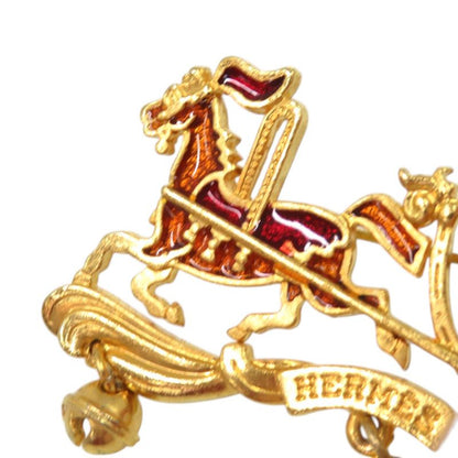 Hermes Christmas Reindeer Santa Cloisonne Metal Gold Brooch Red