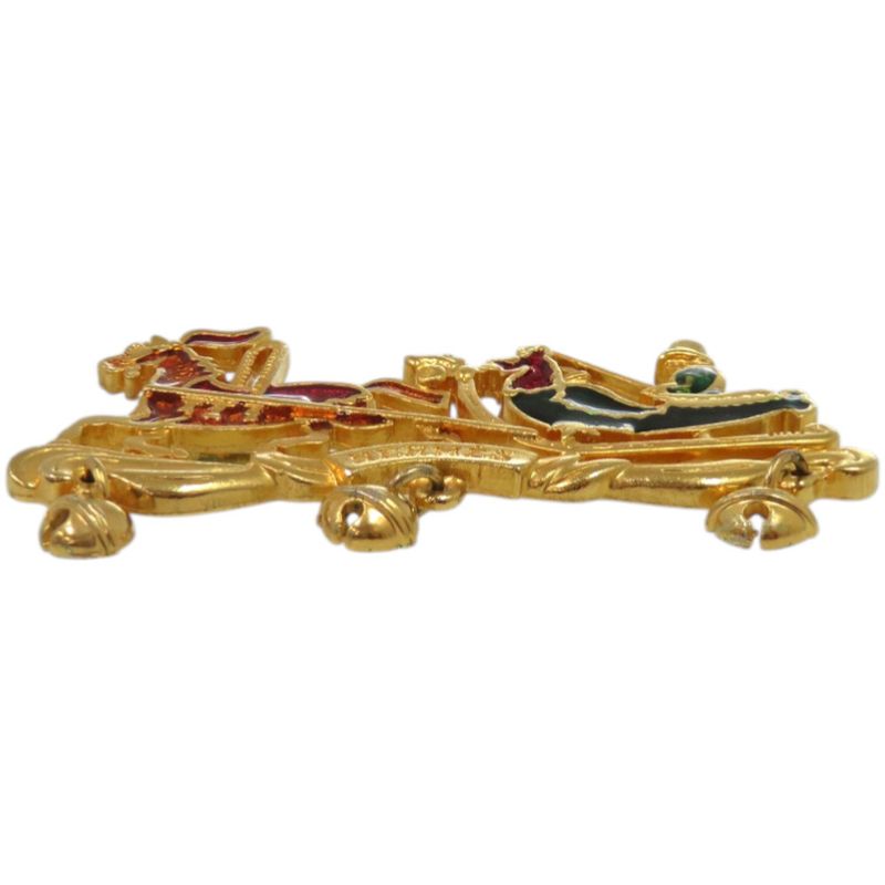 Hermes Christmas Reindeer Santa Cloisonne Metal Gold Brooch Red