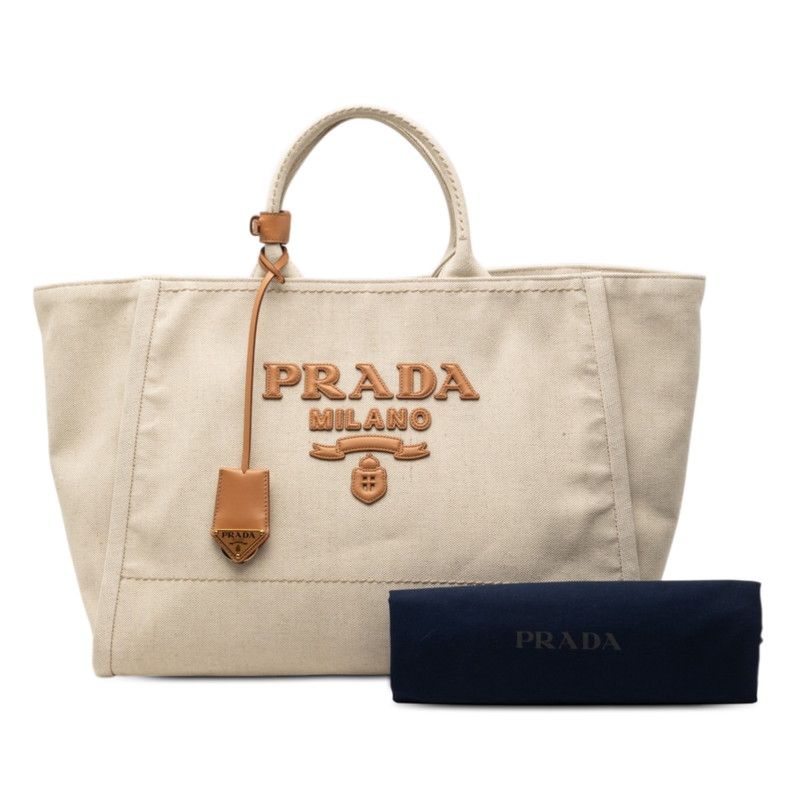 Prada White Beige Canvas Leather