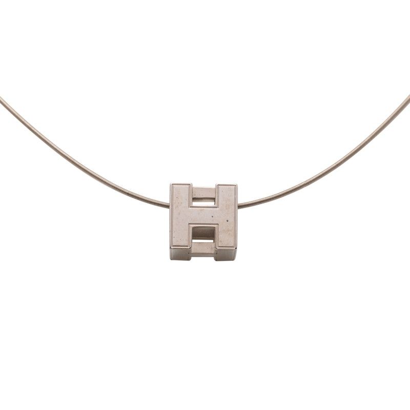Hermes Cage de Ash Cube Silver Metal Necklace