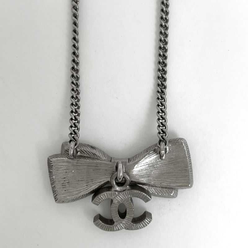 Chanel CC Logo Ribbon Motif Necklace Silver Plated