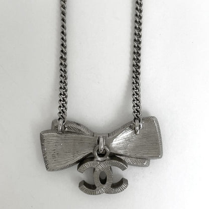 Chanel CC Logo Ribbon Motif Necklace Silver Plated