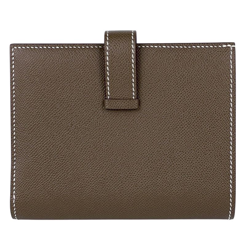 Hermes Bearn Compact Logo Vo Madame Bifold Wallet Leather Etoupe