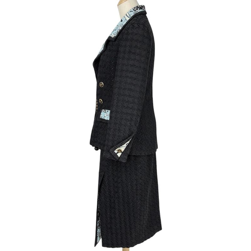 Chanel Tweed Set Camellia Pattern CC Logo Button Skirts Rayon Cotton Jacket Navy - Light Blue