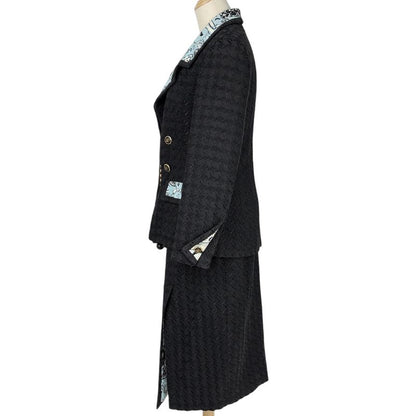 Chanel Tweed Set Camellia Pattern CC Logo Button Skirts Rayon Cotton Jacket Navy - Light Blue