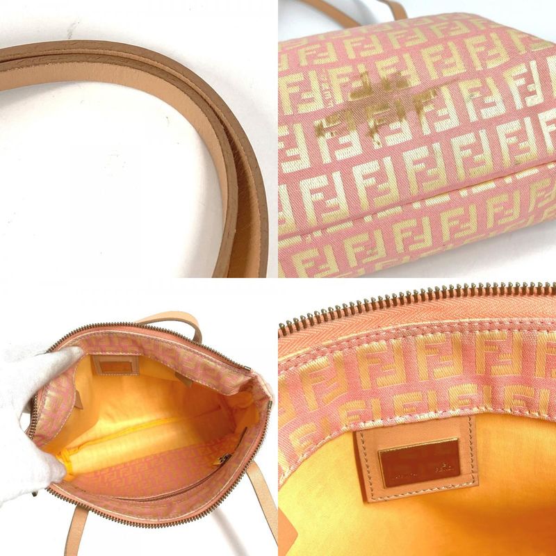 Fendi Shoulder Bag Zucchino Logo Leather Canvas Pink