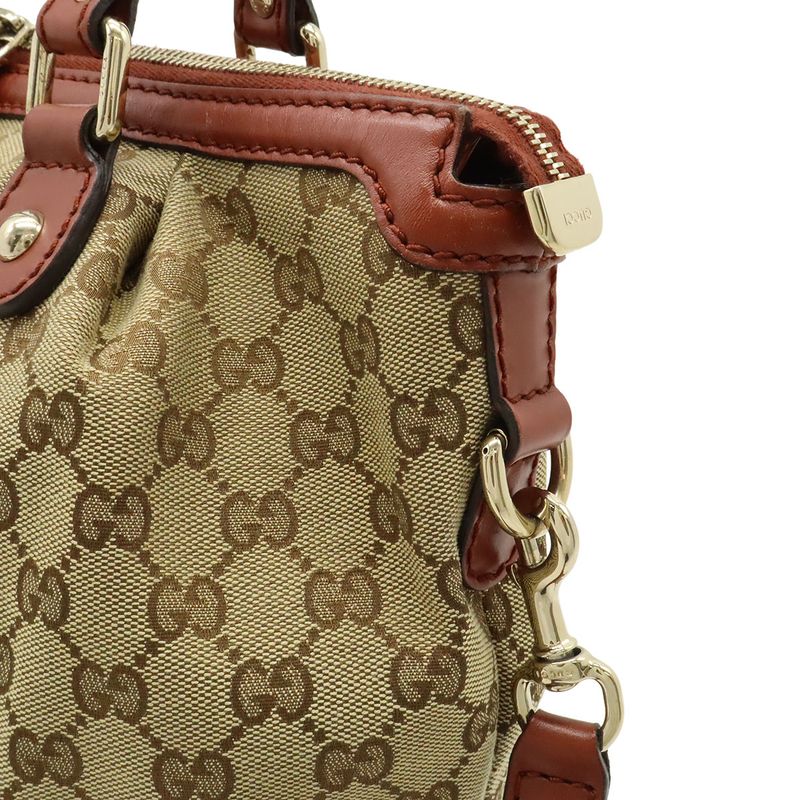Gucci Ski GG Canvas Tote 2-Way Leather Khaki Beige Bridge Cles Red