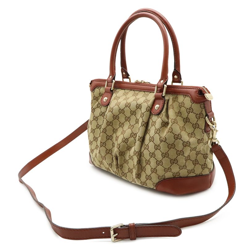 Gucci Ski GG Canvas Tote 2-Way Leather Khaki Beige Bridge Cles Red