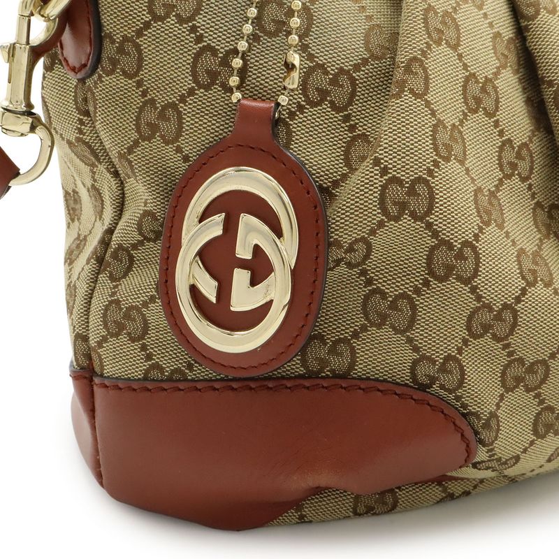 Gucci Ski GG Canvas Tote 2-Way Leather Khaki Beige Bridge Cles Red