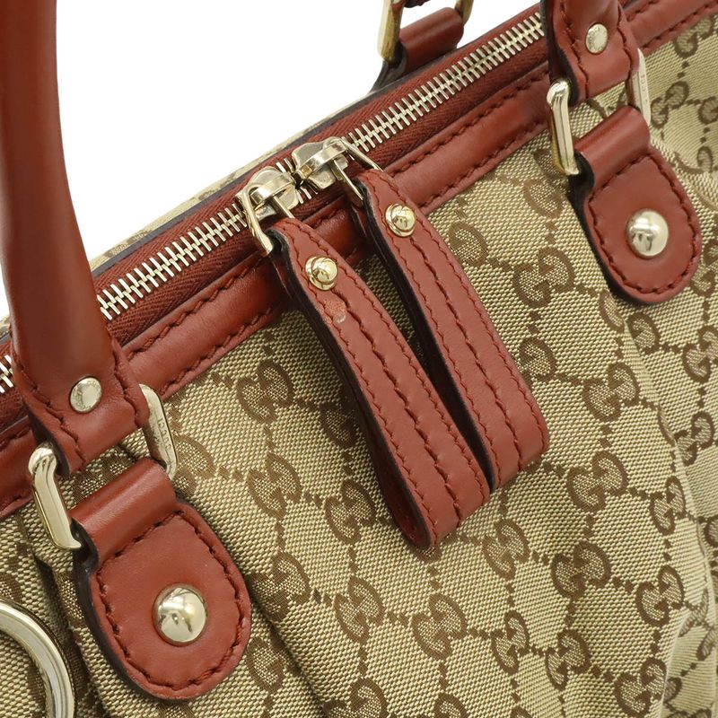 Gucci Ski GG Canvas Tote 2-Way Leather Khaki Beige Bridge Cles Red