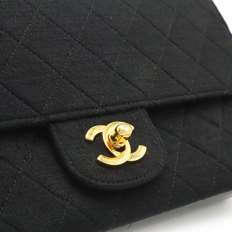 Chanel Quilted CC Logo Chain Shoulder Bag Cotton Jersey Leather Black Gold