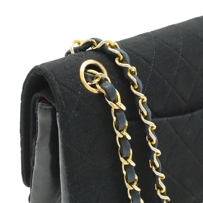 Chanel Quilted CC Logo Chain Shoulder Bag Cotton Jersey Leather Black Gold