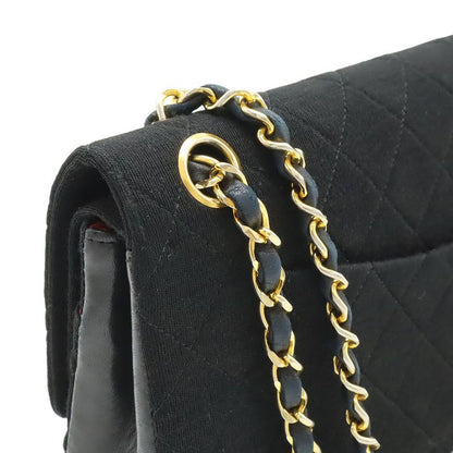Chanel Quilted CC Logo Chain Shoulder Bag Cotton Jersey Leather Black Gold
